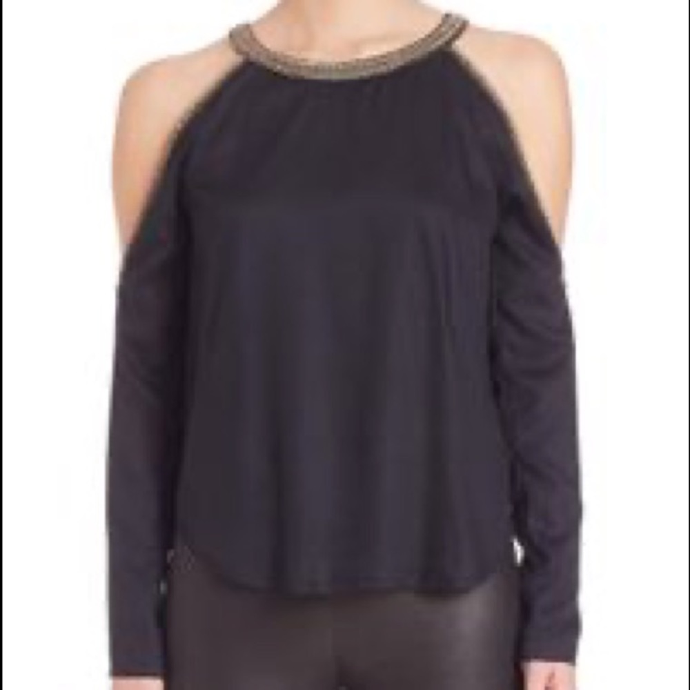 MLV Black Beaded Trim Cold Shoulder Top